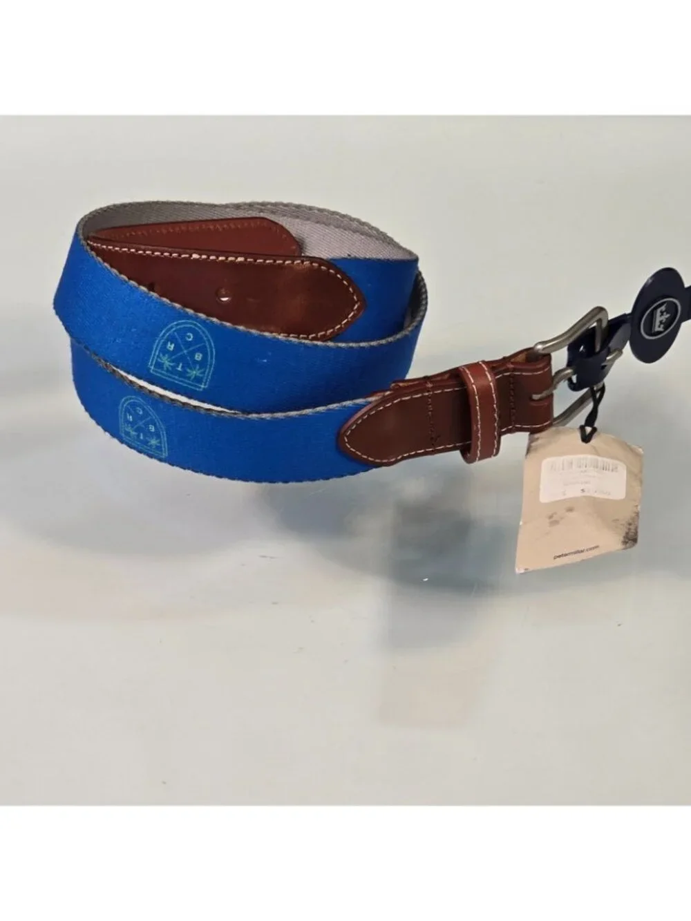 Peter Millar Canvas Leather Belt Sz 38 Embroidered The Boca Raton Club Logo NOS